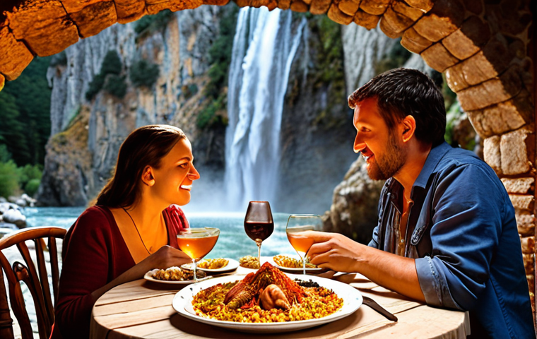 **Romantic dinner scene at a restaurant near a waterfall in the Pyrenees. Focus on a couple enjoying paella with wine, candlelight, and the cascading water in the background. Rustic decor with mountain views.**