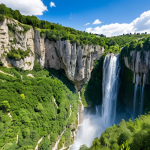 Salto del Nervión Waterfall, Burgos, Spain**

"Majestic Salto del Nervión waterfall cascading down a rocky cliff in Burgos, Spain, surrounded by lush green vegetation. A clear blue sky with scattered clouds. Professional landscape photography, high detail, perfect composition, safe for work, appropriate content, fully clothed tourists admiring the view from a safe distance, professional, natural proportions, well-formed hands if visible, modest clothing. "

**