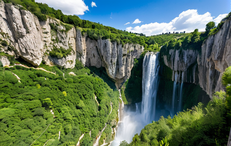 Salto del Nervión Waterfall, Burgos, Spain**
"Majestic Salto del Nervión waterfall cascading down a rocky cliff in Burgos, Spain, surrounded by lush green vegetation. A clear blue sky with scattered clouds. Professional landscape photography, high detail, perfect composition, safe for work, appropriate content, fully clothed tourists admiring the view from a safe distance, professional, natural proportions, well-formed hands if visible, modest clothing. "
**