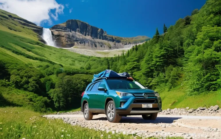 폭포가 포함된 자동차 여행 코스 - **Prompt:** A rugged yet well-maintained SUV or hatchback, parked safely on a scenic, unpaved mounta...