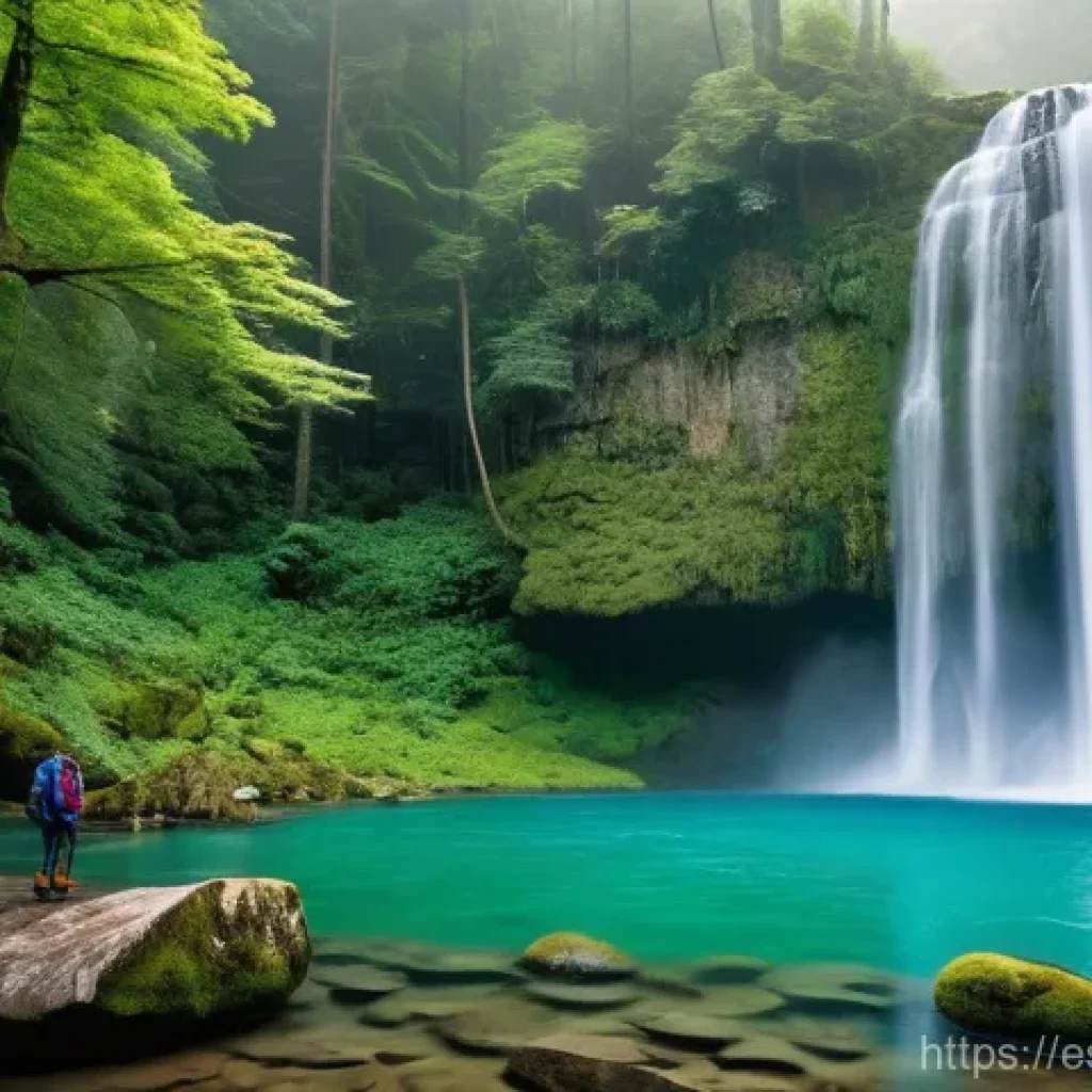 폭포와 호수 여행 코스 - A breathtaking wide shot of a majestic waterfall in a lush, verdant forest, with water cascading dow...