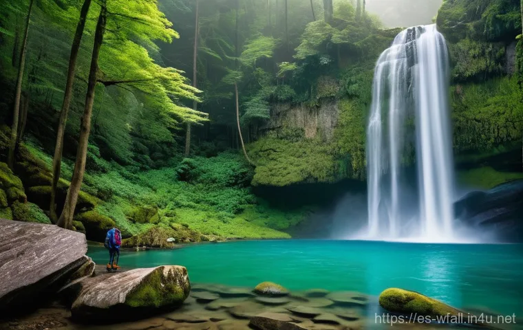 폭포와 호수 여행 코스 - A breathtaking wide shot of a majestic waterfall in a lush, verdant forest, with water cascading dow...