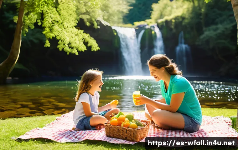 폭포에서 피크닉하기 좋은 곳 - **Prompt:** A vibrant, cheerful family picnic scene set by a beautiful, accessible waterfall on a br...