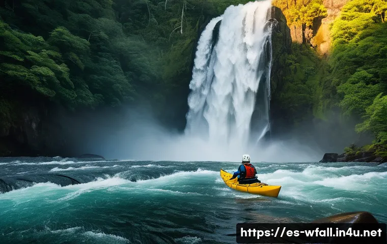 폭포에서 카약 타기 - **Prompt:** "A powerful whitewater kayaker, wearing a robust helmet, a brightly colored life vest, a...