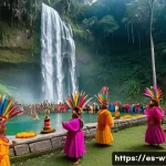 Home 21 폭포 주변의 전통 축제 - A vibrant traditional festival scene at the base of a lush waterfall in Guatemala, featuring indigen...