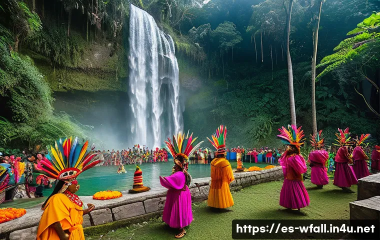 폭포 주변의 전통 축제 - A vibrant traditional festival scene at the base of a lush waterfall in Guatemala, featuring indigen...