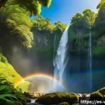 Home 20 폭포 근처에서 벌어지는 신비로운 현상 - A majestic waterfall cascading down rugged mountains in a lush tropical forest, sunlight filtering t...