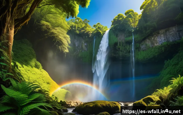 폭포 근처에서 벌어지는 신비로운 현상 - A majestic waterfall cascading down rugged mountains in a lush tropical forest, sunlight filtering t...