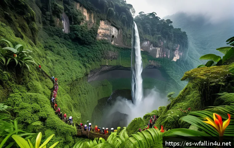 폭포에서 할 수 있는 생태 체험 - A breathtaking view of Gocta waterfall in Peru, towering nearly 800 meters high, surrounded by dense...