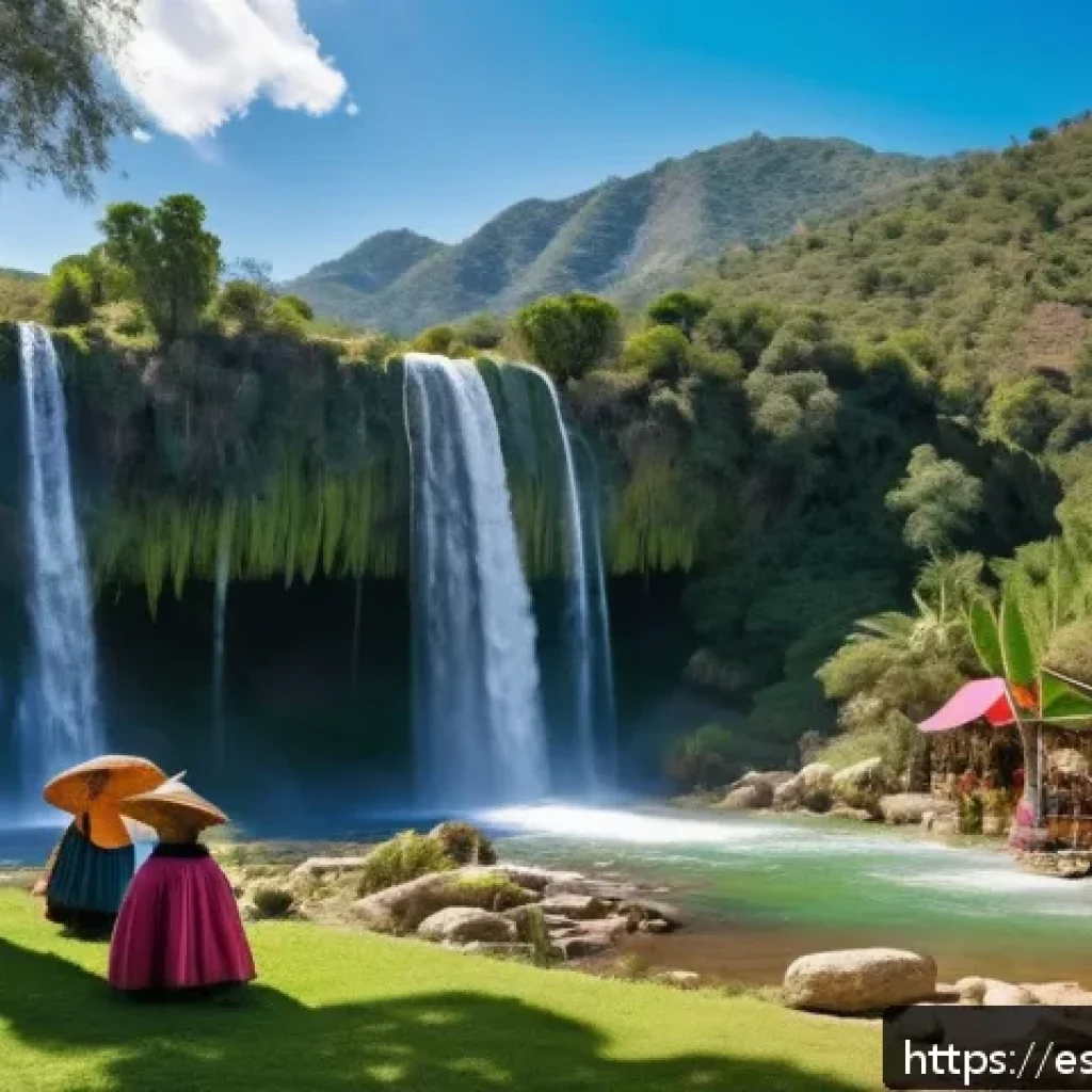 폭포의 관광 산업적 가치 - A vibrant rural village in Mexico near the Cascada de El Salto, featuring local artisans selling han...