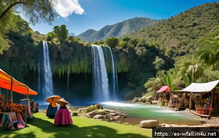 폭포의 관광 산업적 가치 - A vibrant rural village in Mexico near the Cascada de El Salto, featuring local artisans selling han...