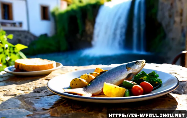 폭포 주변 별미 음식 - Photorealistic outdoor café table beside a lush waterfall in a Spanish-speaking mountain village, a ...