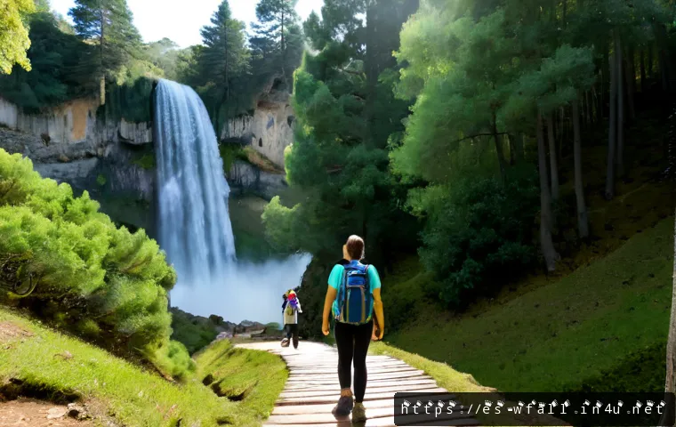 폭포와 자연휴양림 코스 - Photorealistic wide-angle view of a waterfall hiking route in a lush Spanish natural park, a clear s...