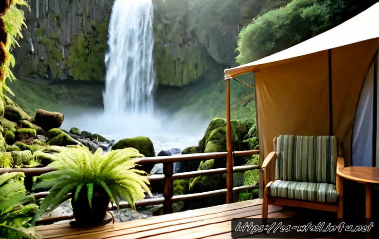 폭포 근처 글램핑 명소 - Photorealistic luxury glamping campsite beside a cascading waterfall in a lush Spanish mountain vall...