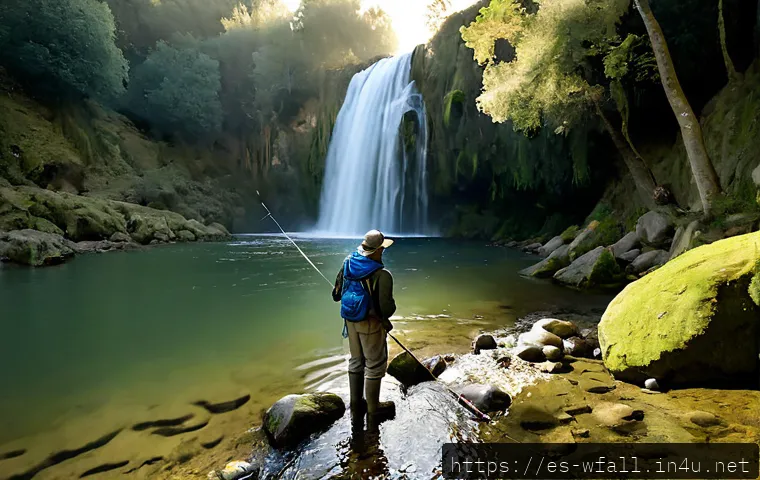 폭포 주변에서 낚시 가능한 곳 - Photorealistic wide-angle scene of an angler fishing from a smooth riverbank below a lush waterfall ...