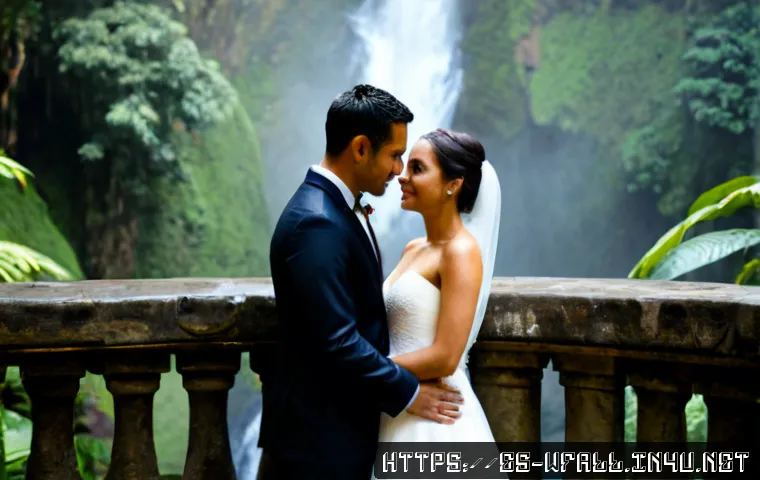 Home 30 폭포에서 웨딩 촬영하기 - Photorealistic wedding portrait beside a lush tropical waterfall in Costa Rica, an adult bride in an...
