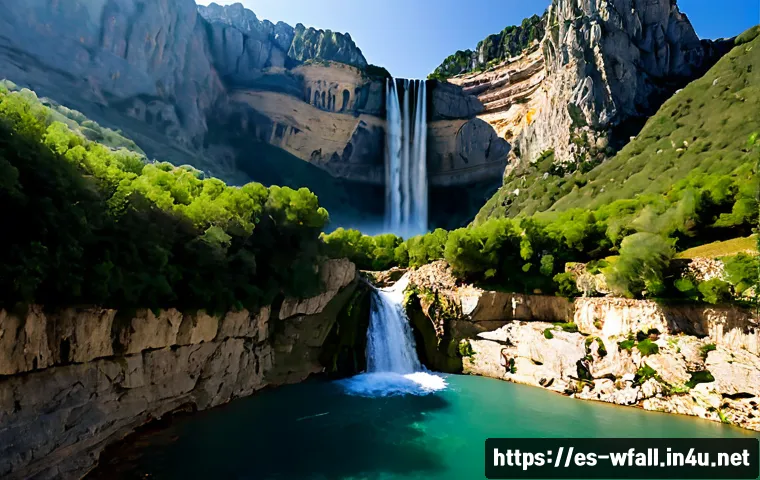 Home 17 폭포가 형성되는 지질학적 원인 - Photorealistic wide landscape of a powerful waterfall in a Spanish Pyrenees mountain gorge, clearly ...
